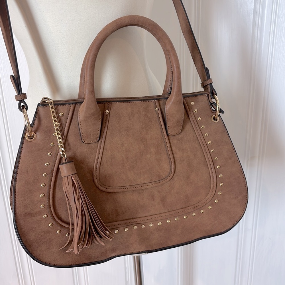 NWOT Faux Suede Satchel-Style Crossbody Handbag with Tassel & Gold Studs - Picture 3 of 7